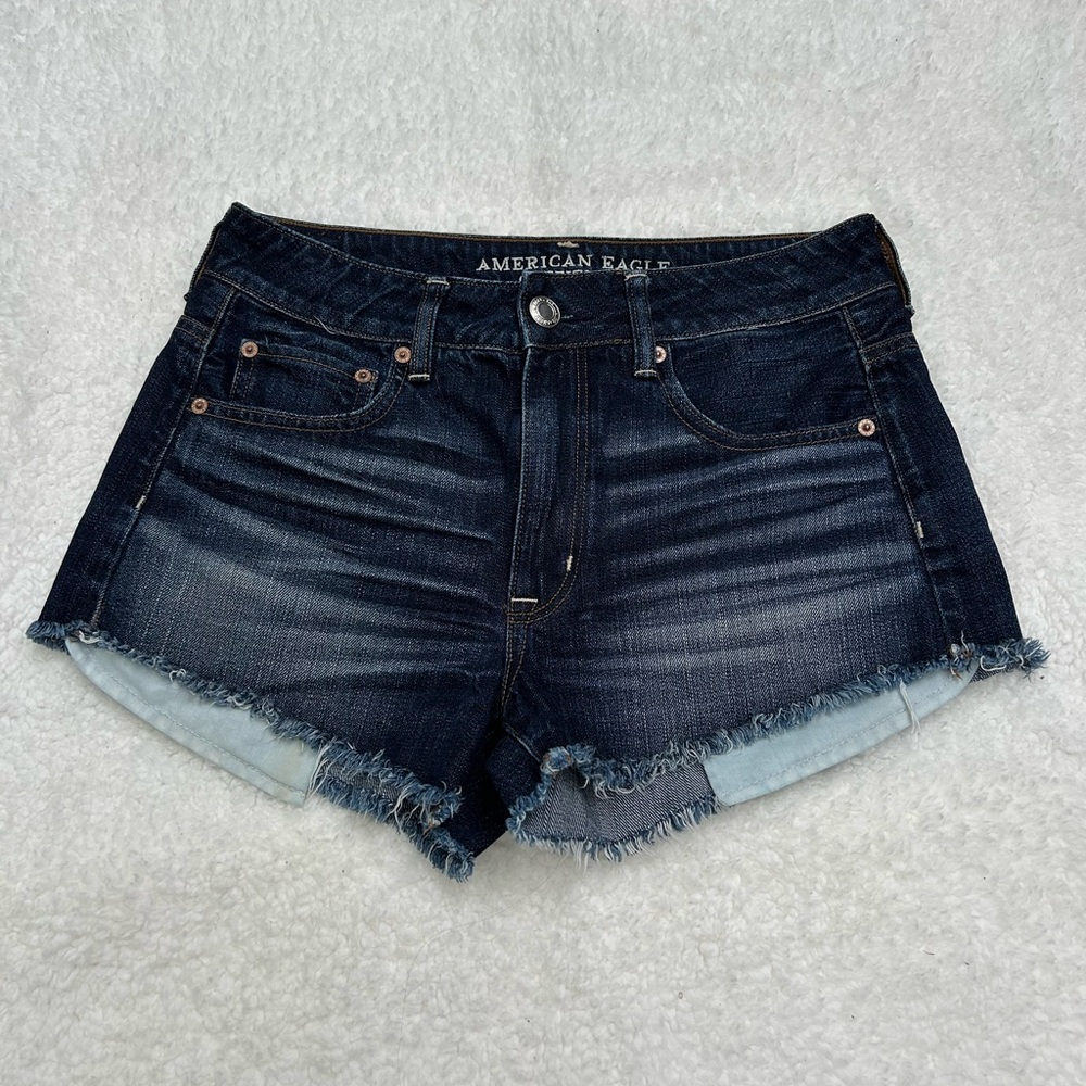 American Eagle Outfitters Dark Blue Frayed Hem Denim Shorts